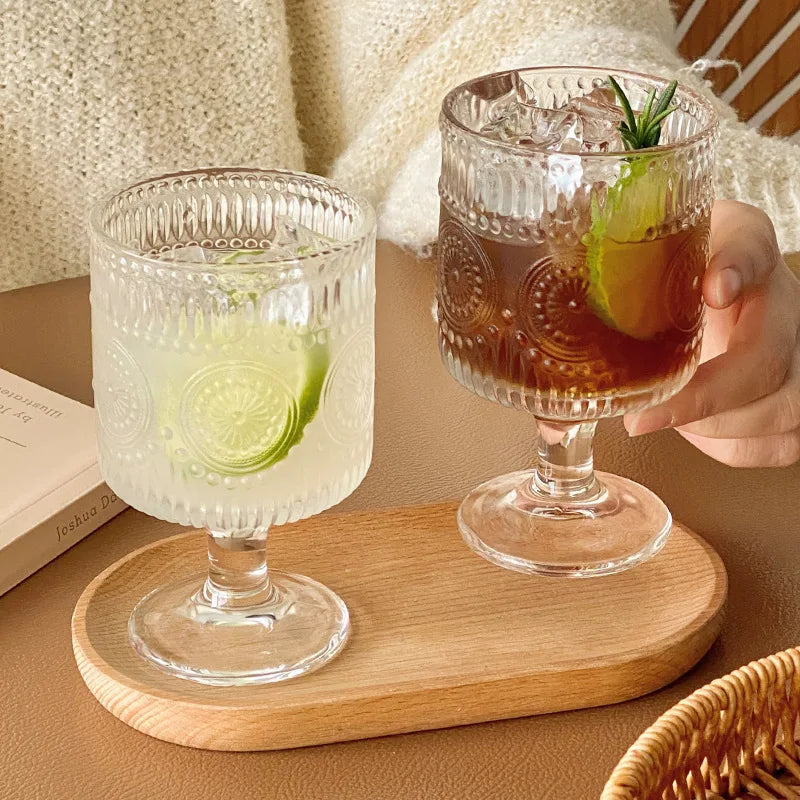Glass Cup Wholesale Retro Sunflower Embossed High-foot Dessert Household Water Juice Cup Transparent Goblet Glass Wine Cup