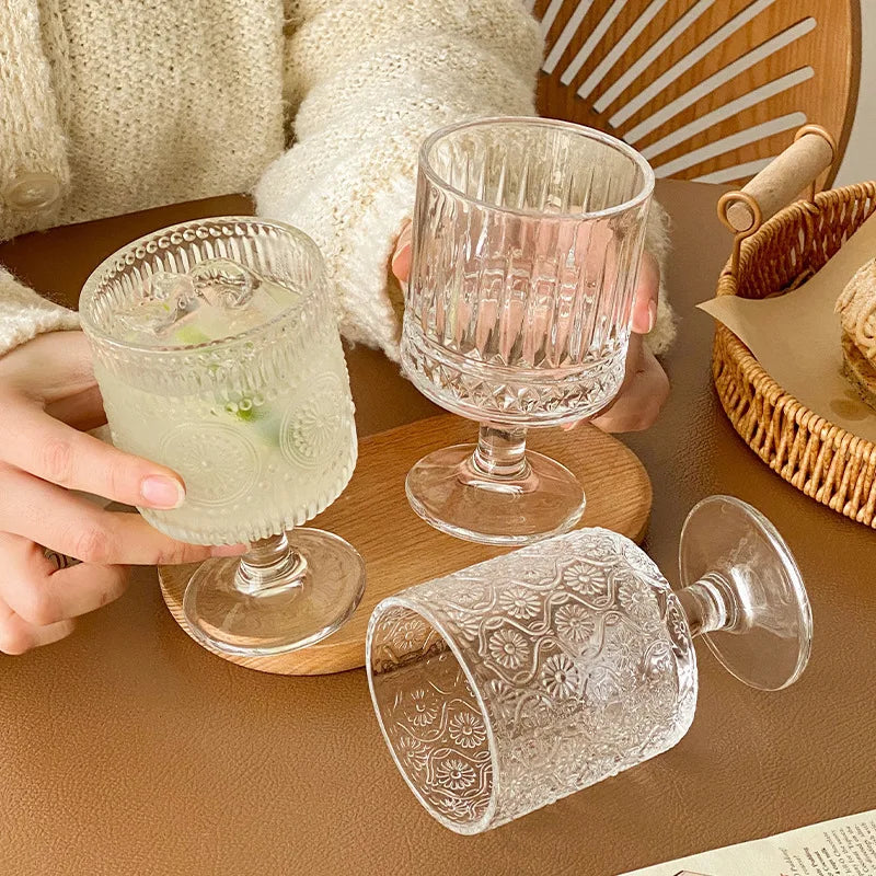 Glass Cup Wholesale Retro Sunflower Embossed High-foot Dessert Household Water Juice Cup Transparent Goblet Glass Wine Cup