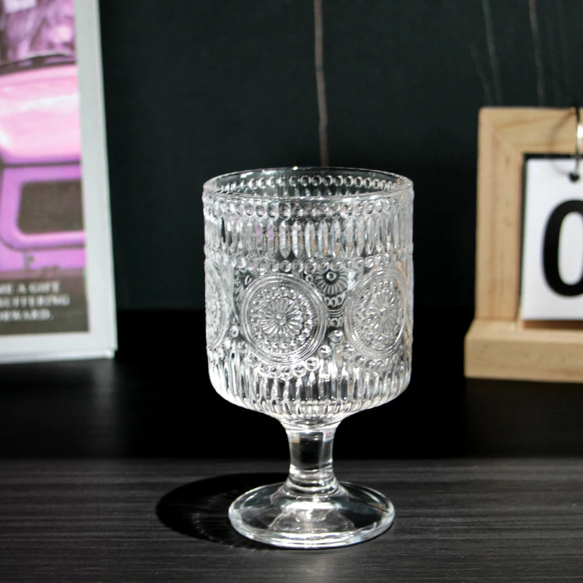 Glass Cup Wholesale Retro Sunflower Embossed High-foot Dessert Household Water Juice Cup Transparent Goblet Glass Wine Cup
