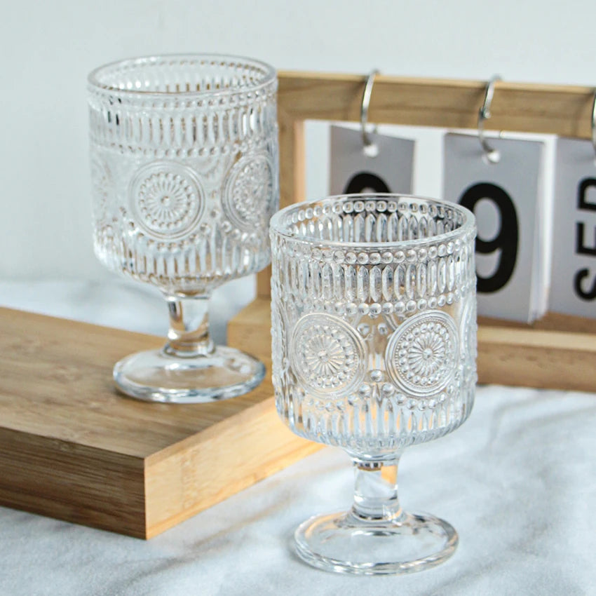 Glass Cup Wholesale Retro Sunflower Embossed High-foot Dessert Household Water Juice Cup Transparent Goblet Glass Wine Cup