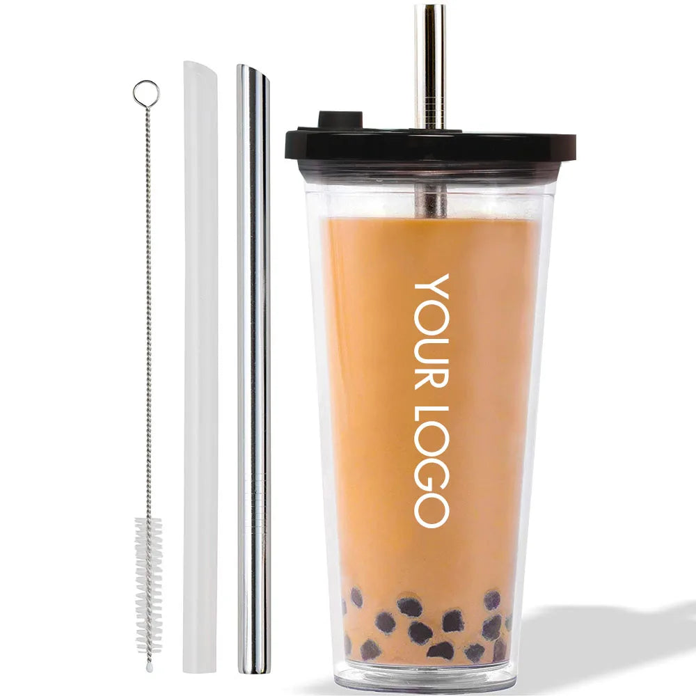 700ml Wholesale Bulk Reusable Plastic 20oz Tumbler Water Bottle Double Wall Tumbler Cup Custom  Bubble Tea Tumbler with Straw
