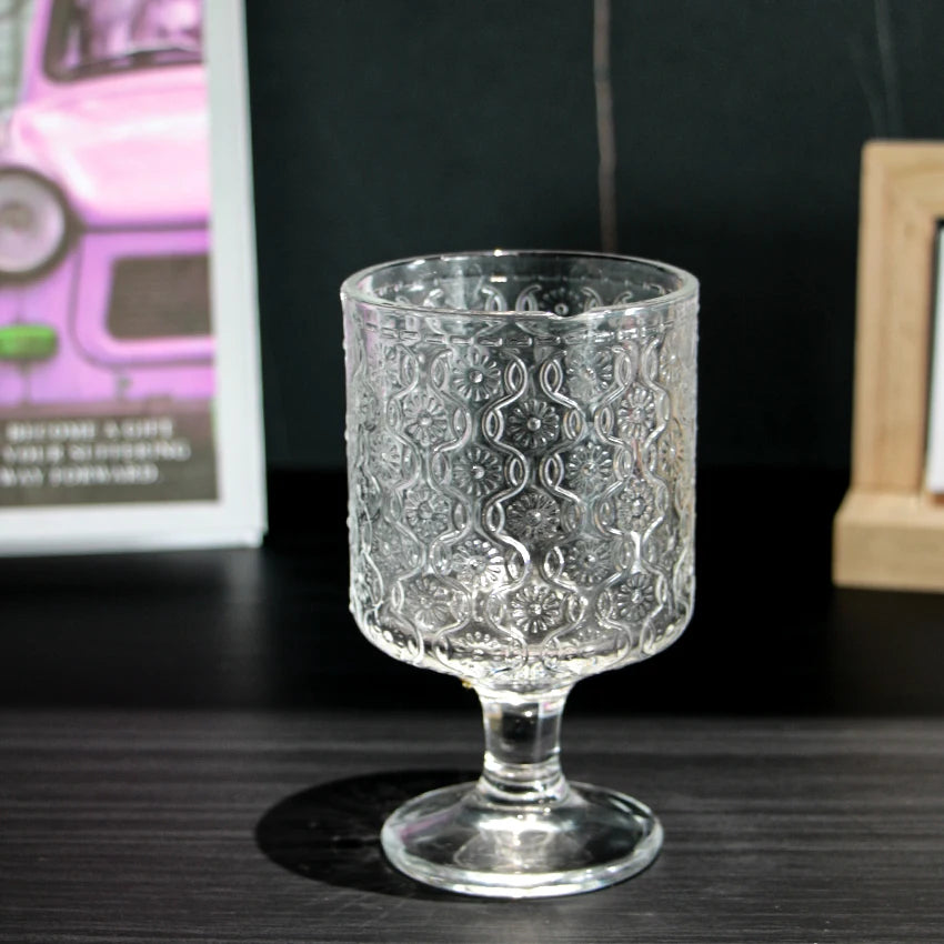 Glass Cup Wholesale Retro Sunflower Embossed High-foot Dessert Household Water Juice Cup Transparent Goblet Glass Wine Cup