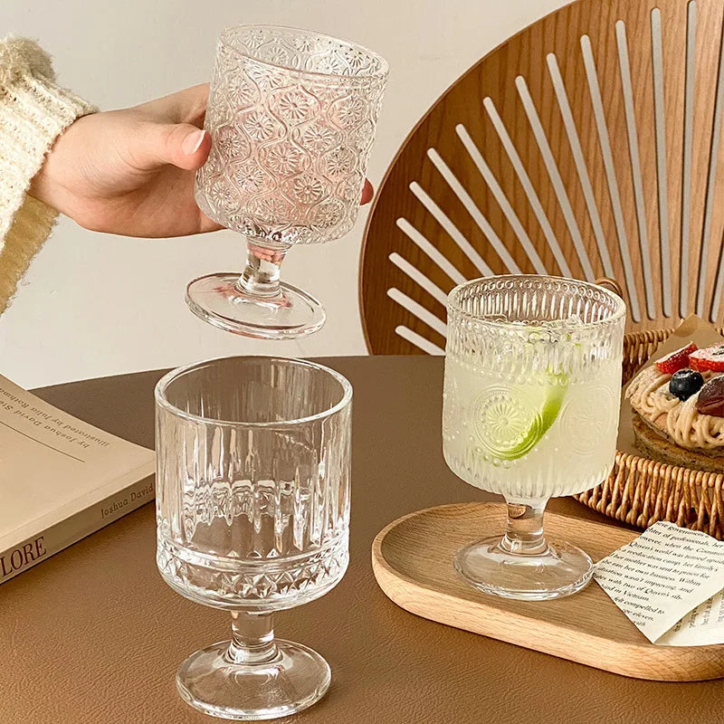 Glass Cup Wholesale Retro Sunflower Embossed High-foot Dessert Household Water Juice Cup Transparent Goblet Glass Wine Cup