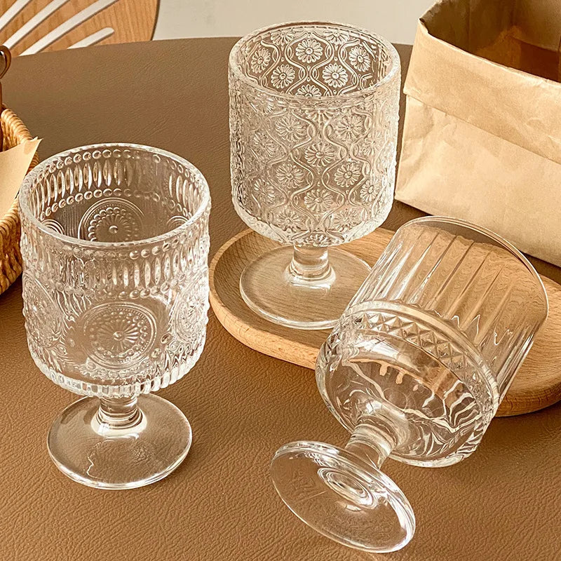 Glass Cup Wholesale Retro Sunflower Embossed High-foot Dessert Household Water Juice Cup Transparent Goblet Glass Wine Cup