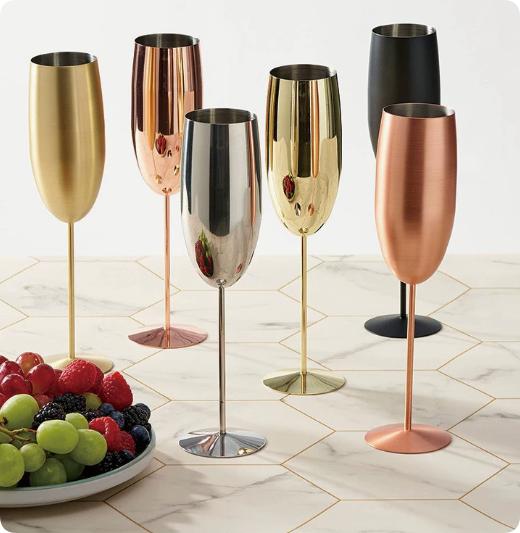 Stainless Steel-Tone Stemware with Gold Accents — Versatile Red Wine & Champagne Glasses — Home Luxury Drinkware & Creative Gift — Metal Wine Cups